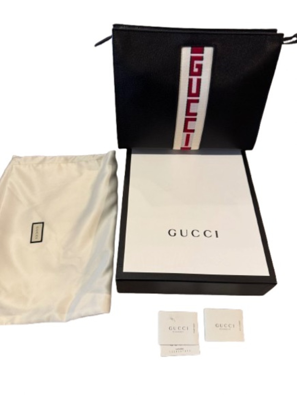 Gucci Black Leather Clutch with Red and White Stripe